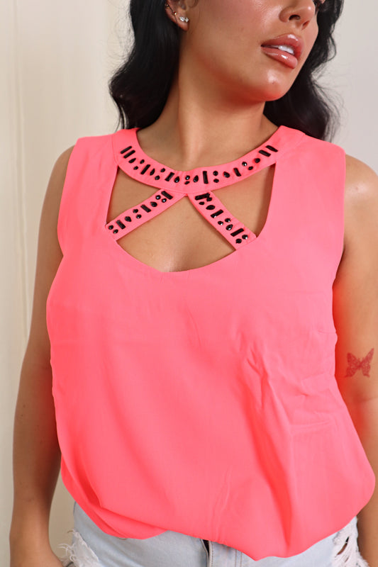 Simply Be Hot Pink Beaded Sleeveless Top - New Tags