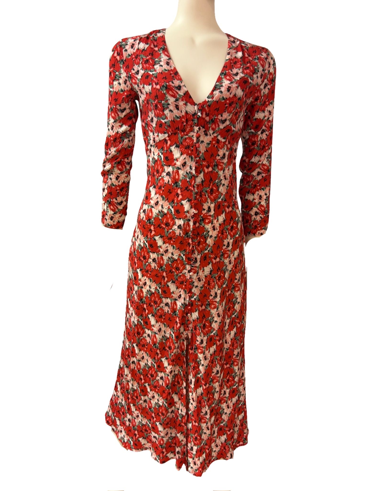 Rixo Katie Diana Red Floral Midi Dress - Size -XS - Preloved