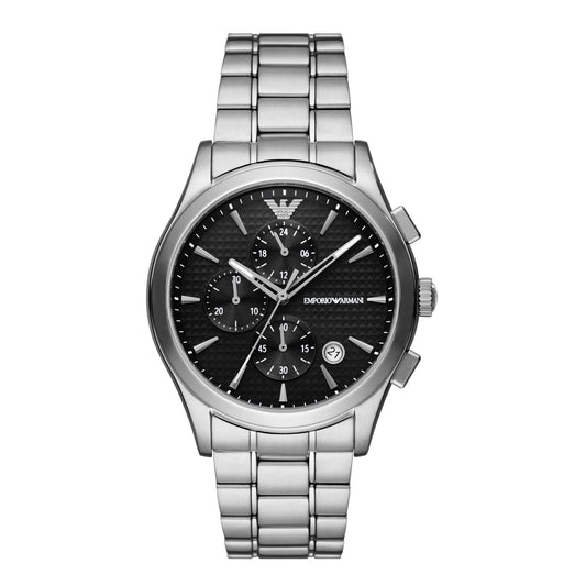 Emporio Armani Paolo Chronograph Black Dial Silver Steel Strap Watch For Men - New in box