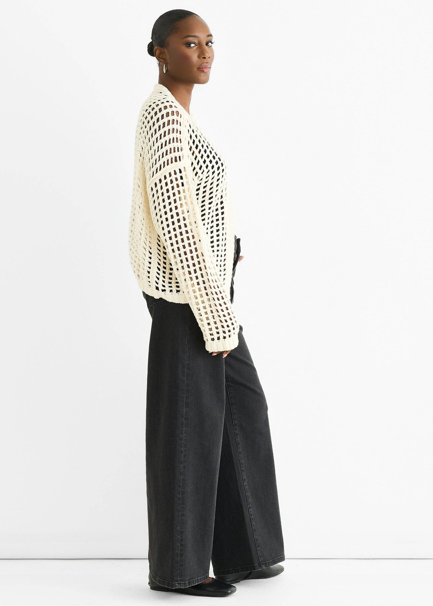 Cream Open Knit Edge to Edge Cardigan - New