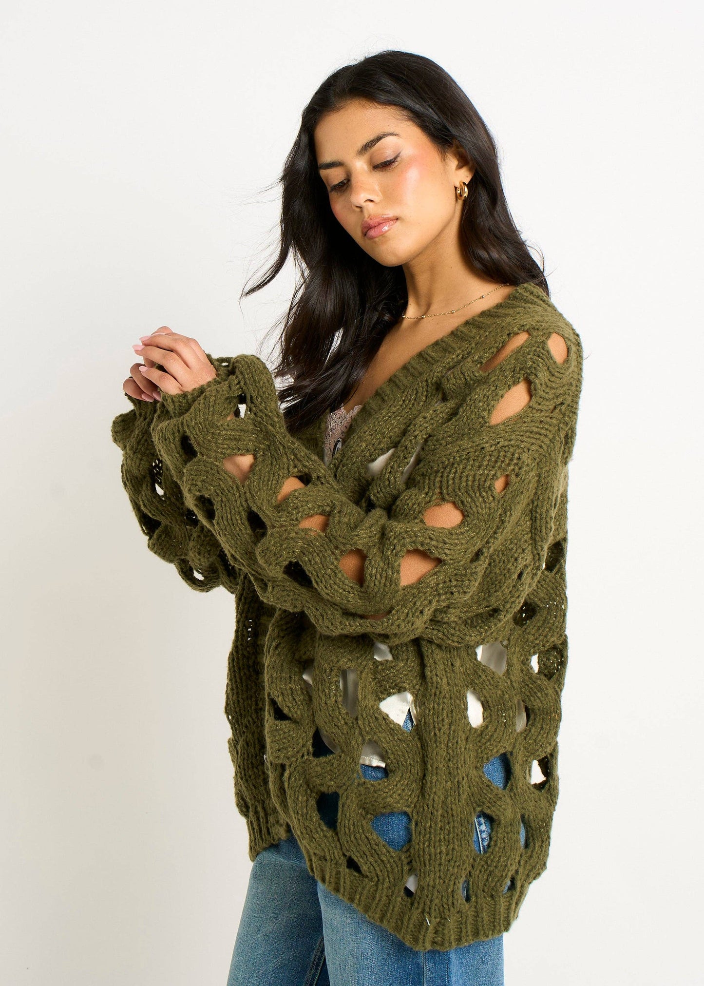 Khaki Hollow Chunky Knit Cardigan - New