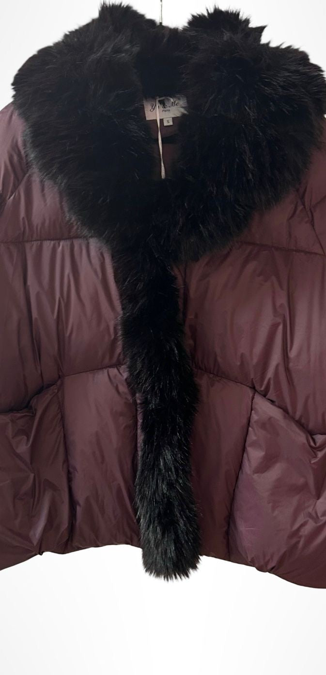Puffer Faux Fur Trim Burgundy Jacket - New