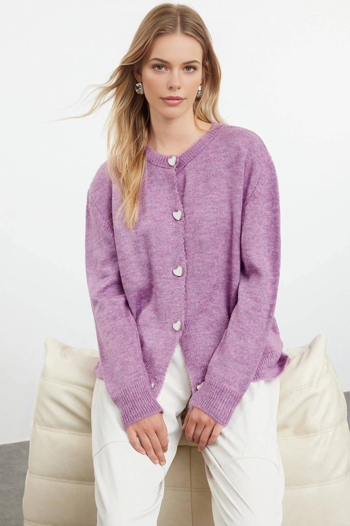 Soft-Textured Knit Cardigan with Jewellery Button Detail