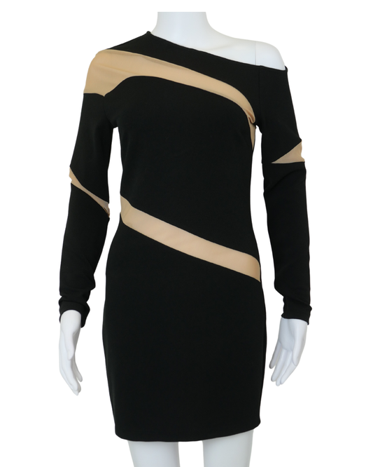 Forever Unique Black Long-sleeve Dress with Beige Detail - Size 8 - Preloved 