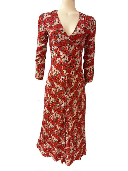 Rixo Katie Diana Red Floral Midi Dress - Size -XS - Preloved 