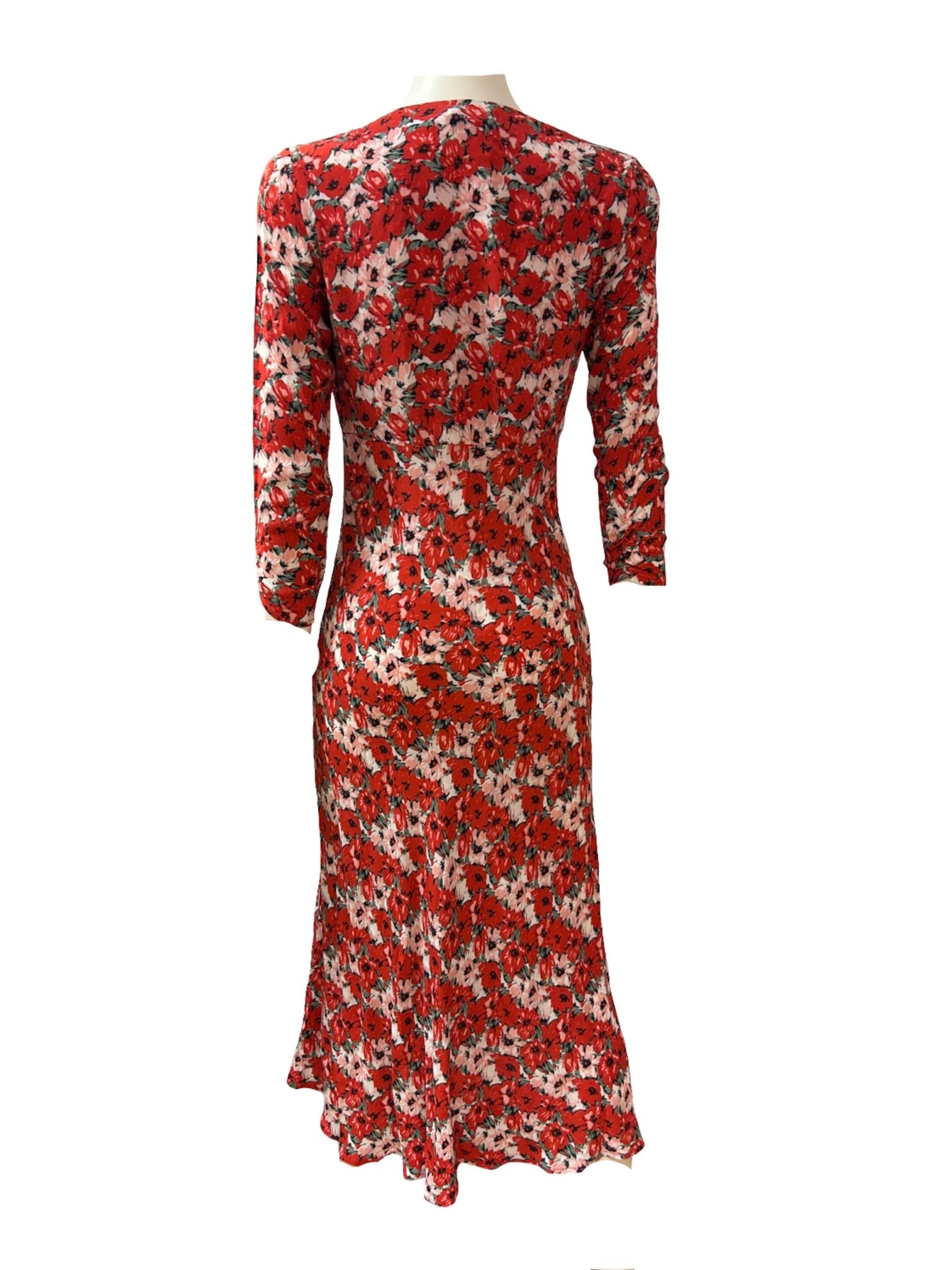Rixo Katie Diana Red Floral Midi Dress - Size -XS - Preloved 