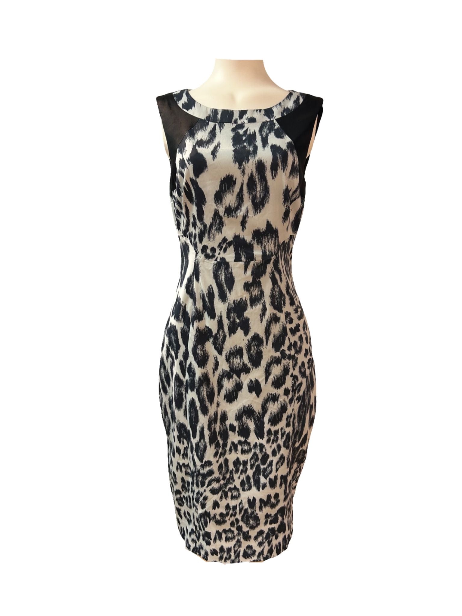 Karen Millen Black & White Leopard Print Dress - Size -12 - Preloved 