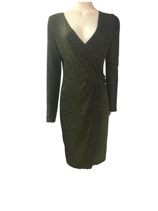 Blue Vanilla Black & Gold Metallic Wrap Dress - Size 12 - Preloved