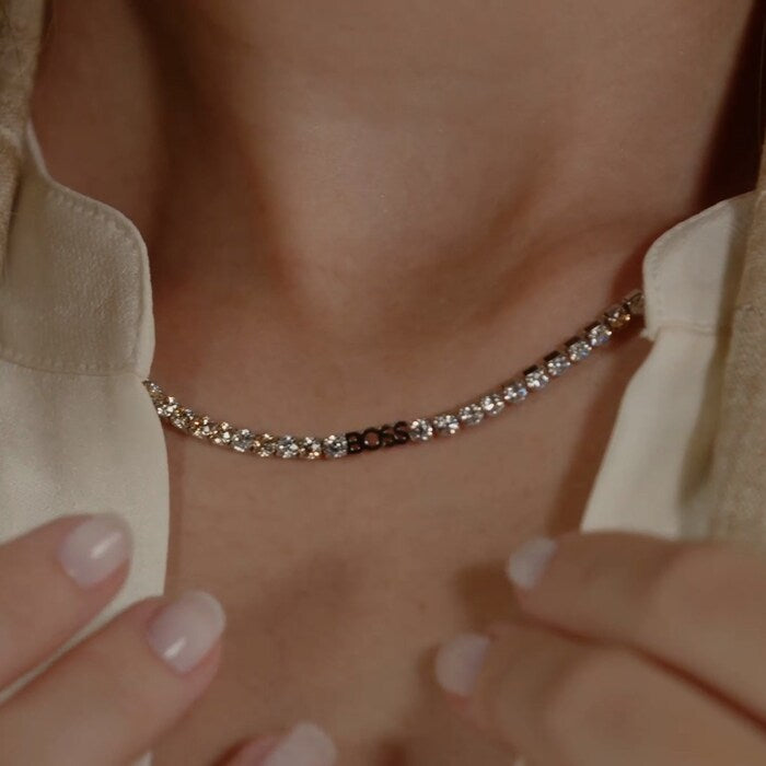 BOSS Kassy Precious Silver Crystal Tennis Necklace - New in box