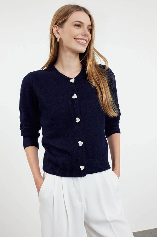 Soft-Textured Knit Cardigan with Jewellery Button Detail
