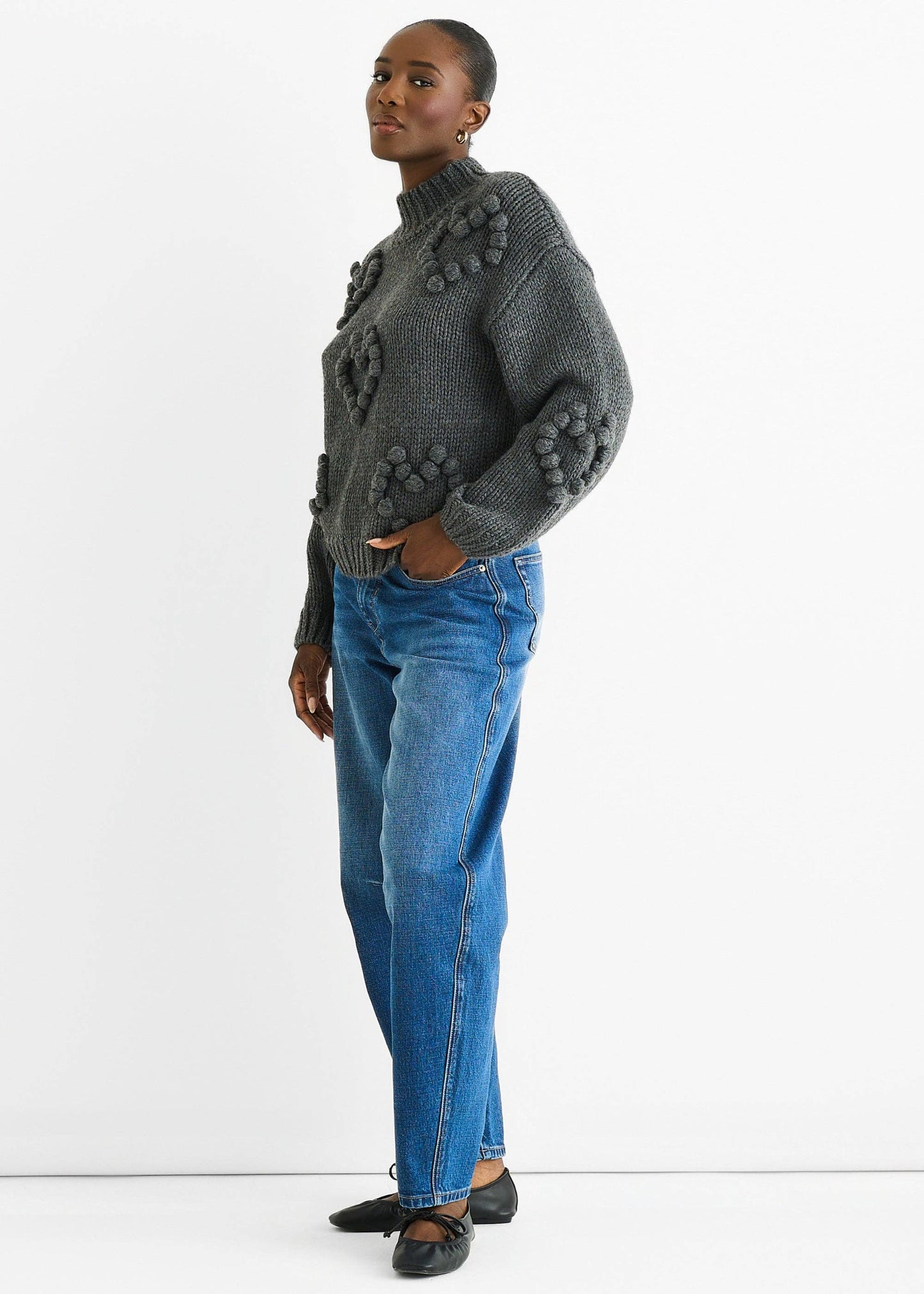 Dark Grey Heart Bubble Chunky Knit High Neck Jumper - New With Tags