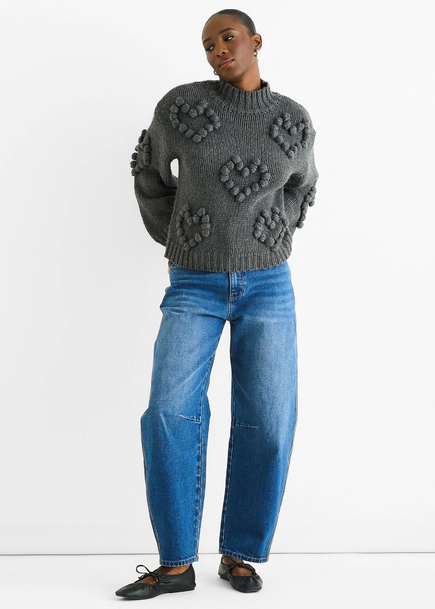 Dark Grey Heart Bubble Chunky Knit High Neck Jumper - New With Tags