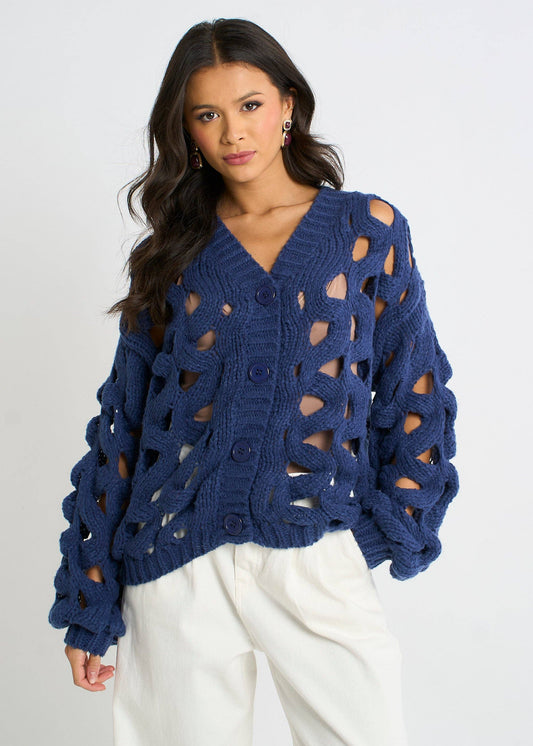 Navy Hollow Chunky Knit Cardigan - New