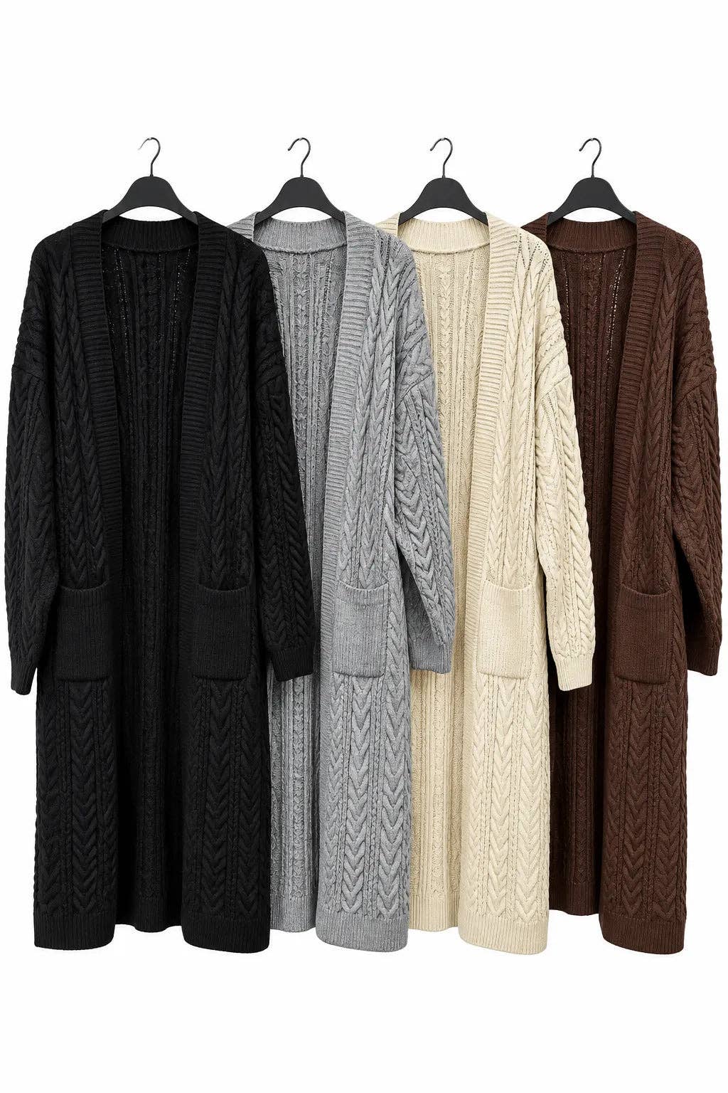 Womens Chunky Cable Knit Longline Cardigan with Pockets