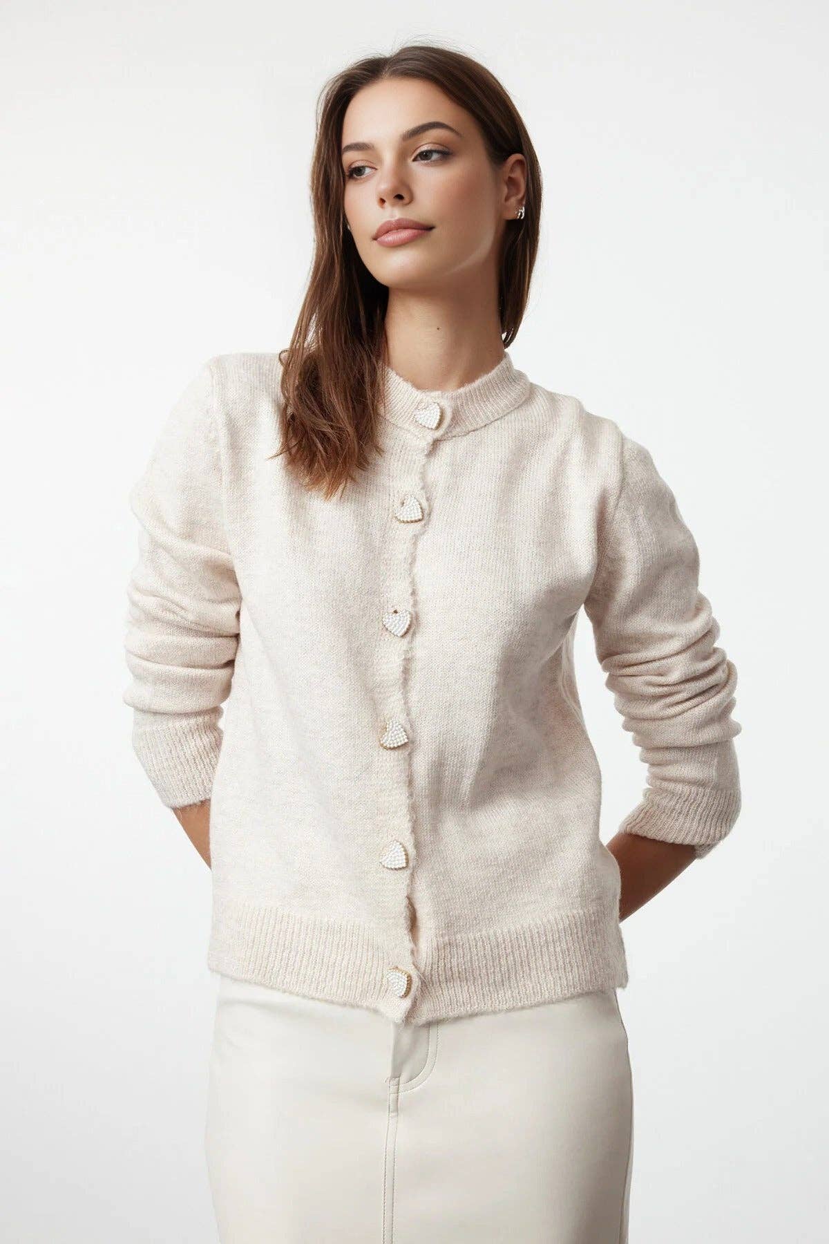 Soft-Textured Knit Cardigan with Jewellery Button Detail