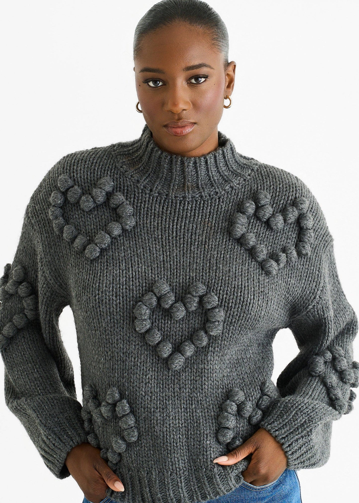 Dark Grey Heart Bubble Chunky Knit High Neck Jumper - New With Tags
