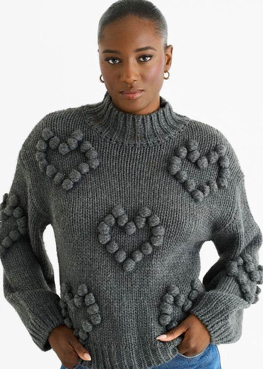 Dark Grey Heart Bubble Chunky Knit High Neck Jumper - New With Tags