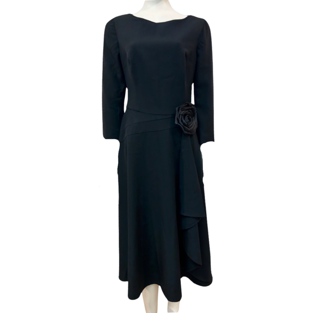 Coast Black 3/4 Sleeve Midi Dress With Embellished Rosette - Size -12 - Preloved