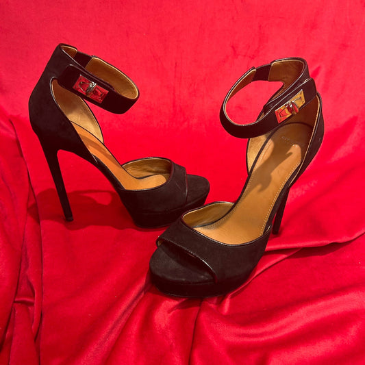 Givenchy Black Suede Peep Toe Heel - Size UK 6 - Preloved