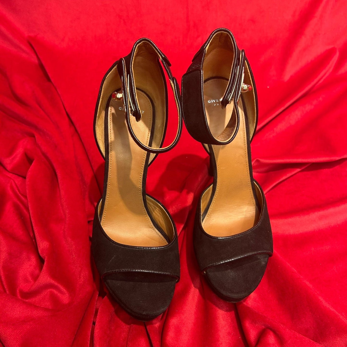 Givenchy Black Suede Peep Toe Heel - Size UK 6 - Preloved