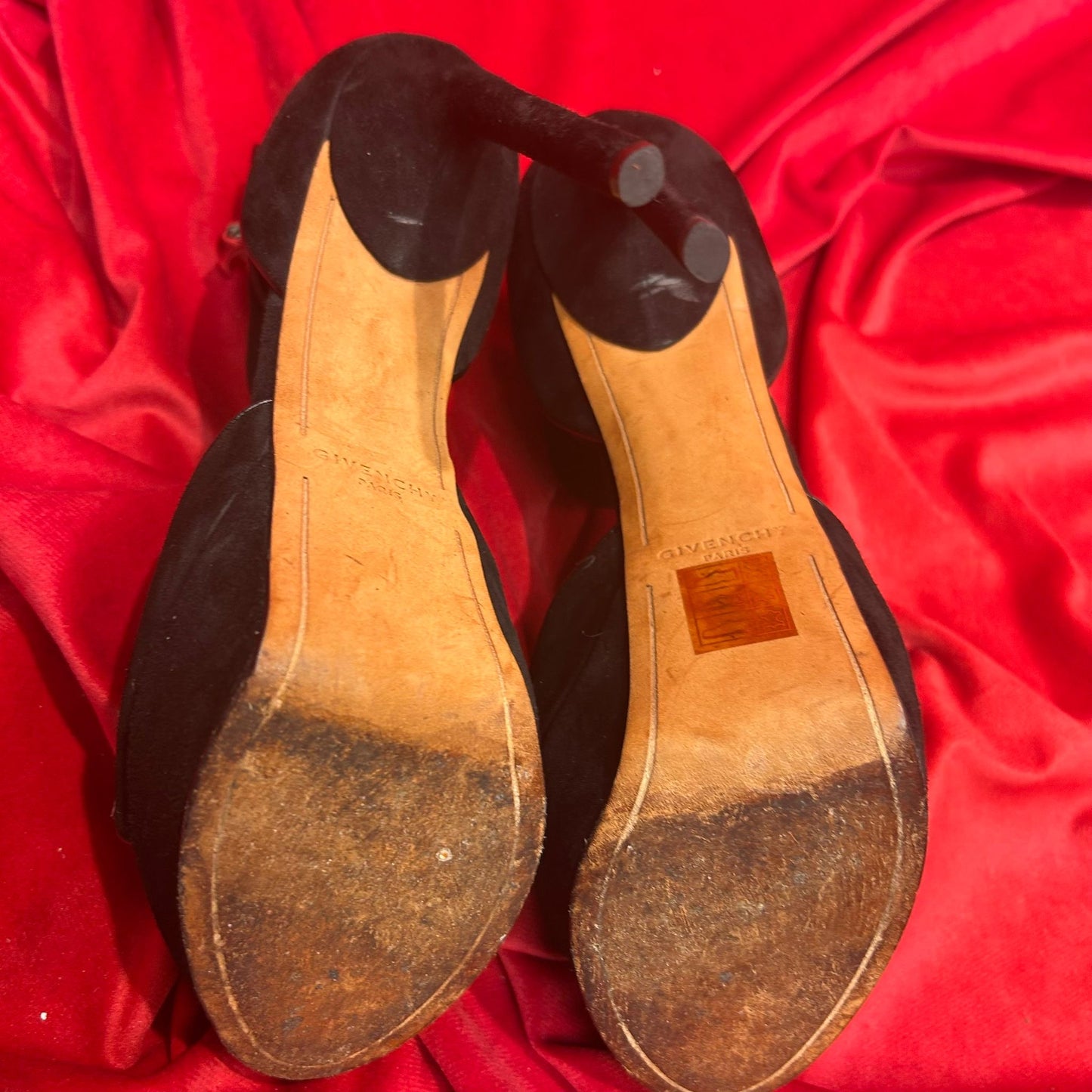 Givenchy Black Suede Peep Toe Heel - Size UK 6 - Preloved