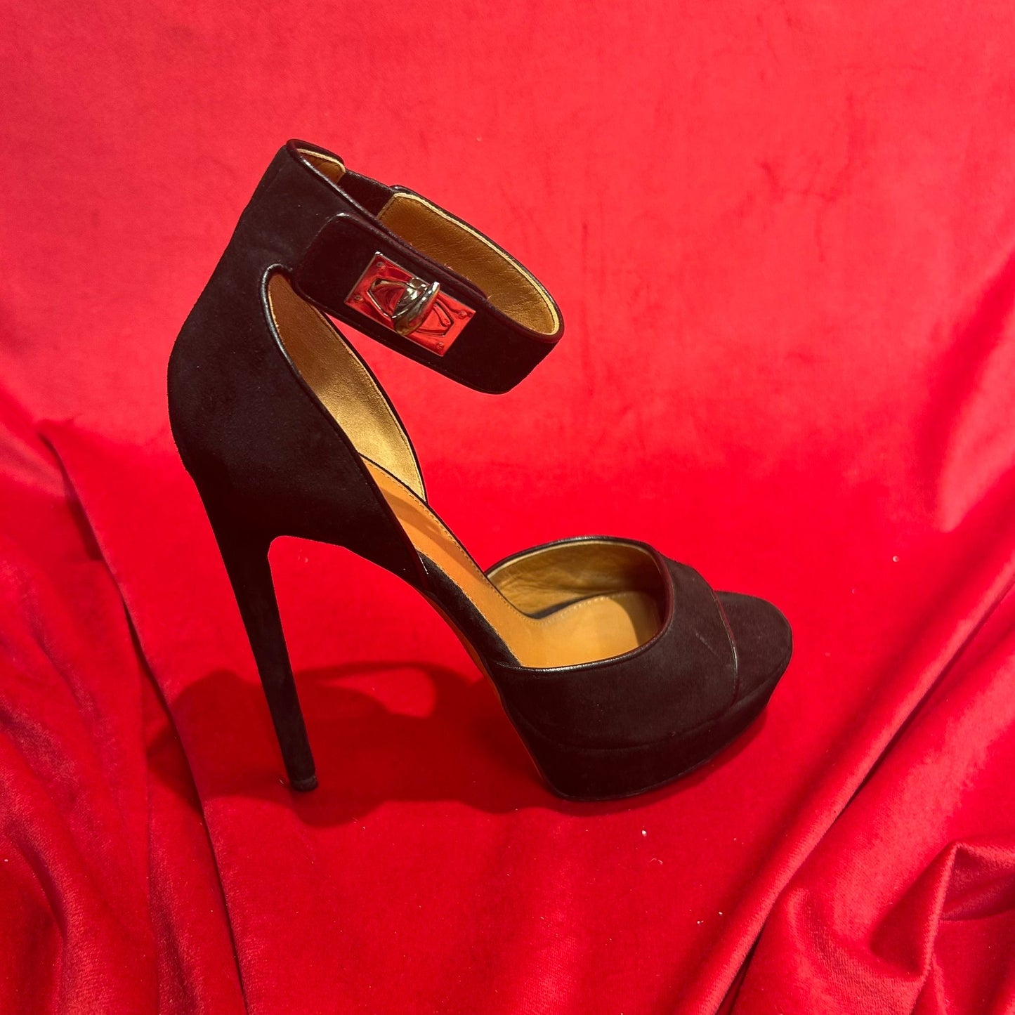 Givenchy Black Suede Peep Toe Heel - Size UK 6 - Preloved