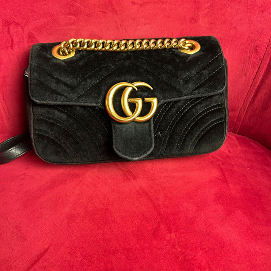 Gucci GG Marmont Black Velvet Flap Bag Matelasse Small Crossbody - Preloved