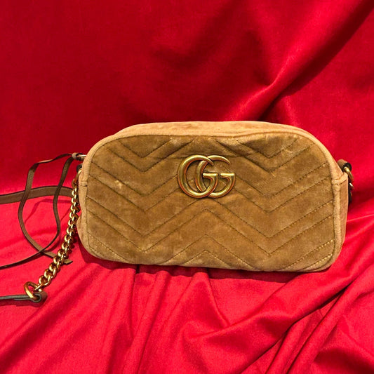 Gucci GG Marmont Taupe Matelasse Velvet Shoulder Bag