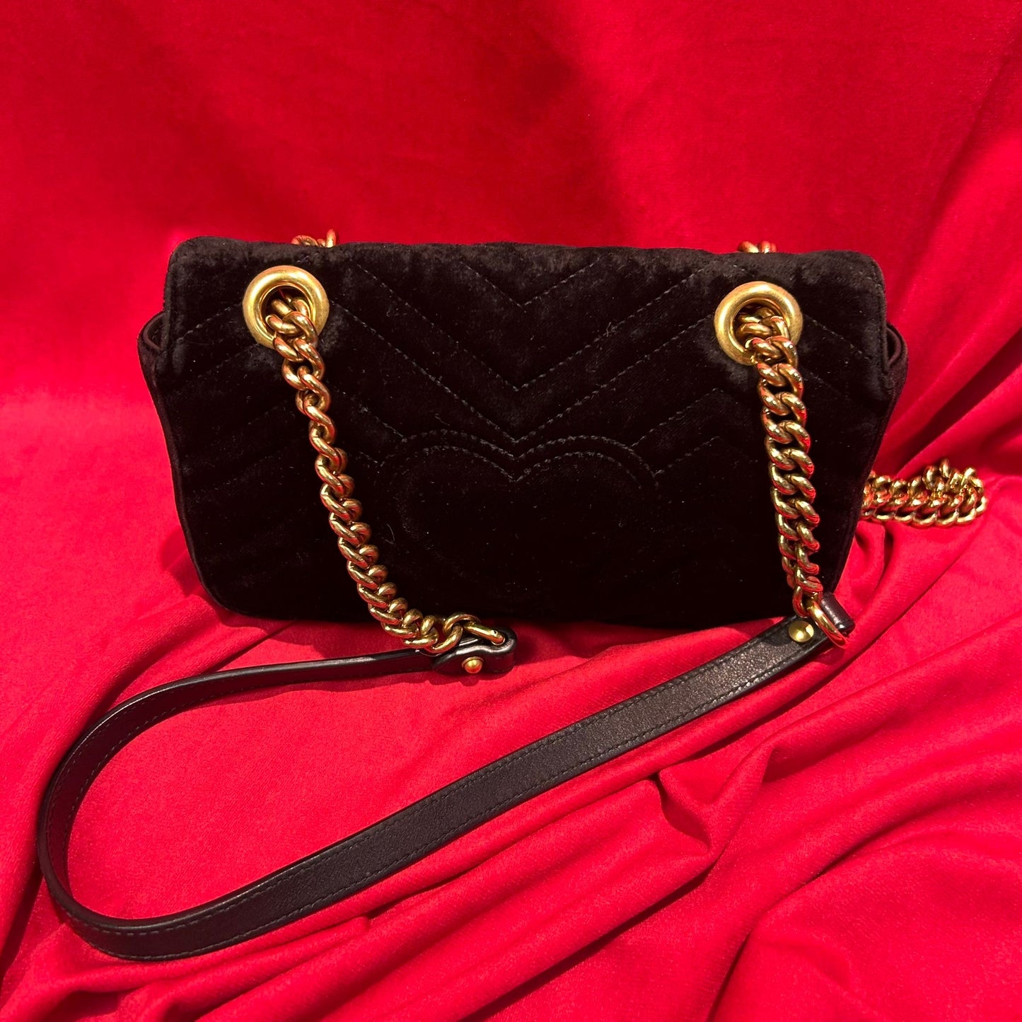 Gucci GG Marmont Black Velvet Flap Bag Matelasse Small Crossbody - Preloved