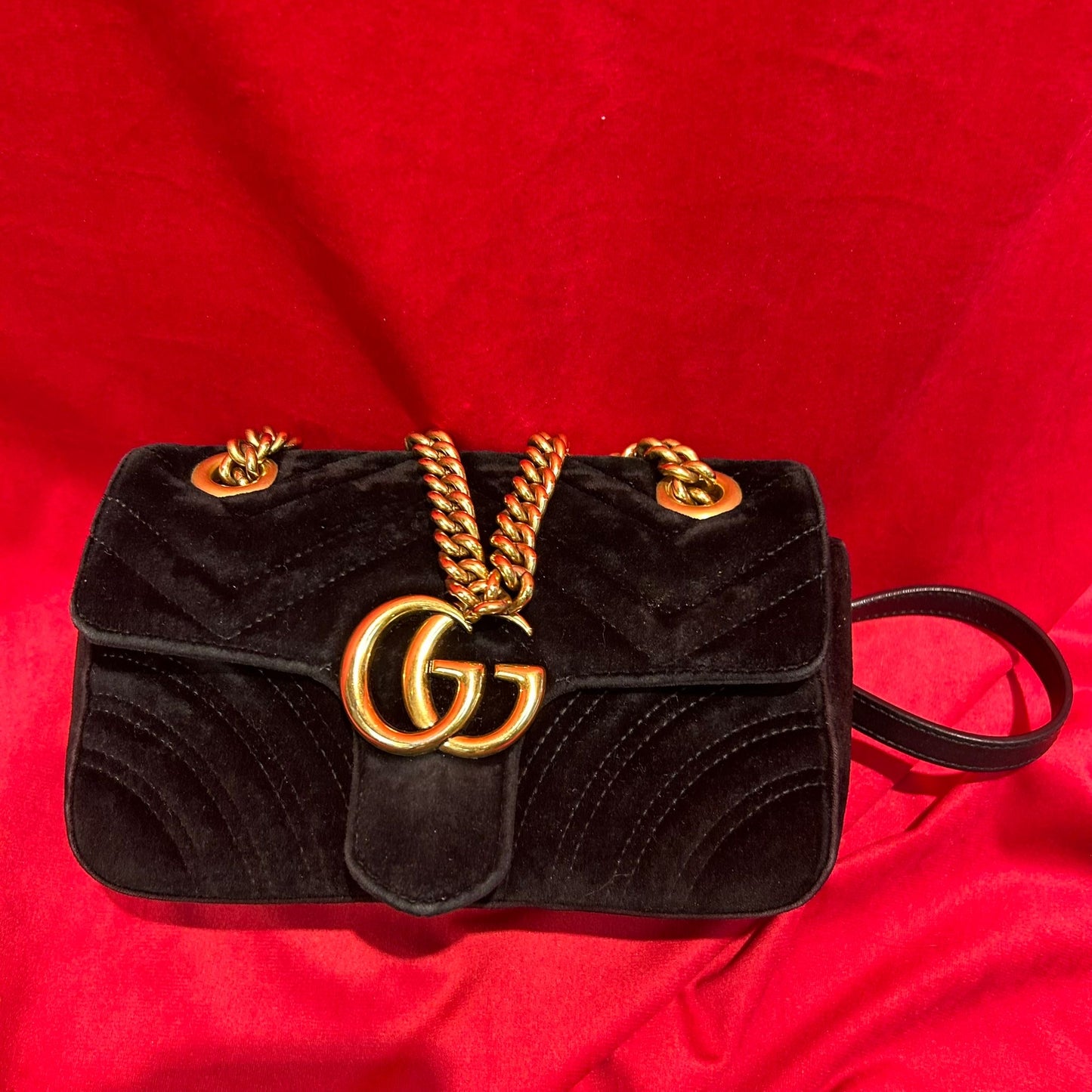 Gucci GG Marmont Black Velvet Flap Bag Matelasse Small Crossbody - Preloved