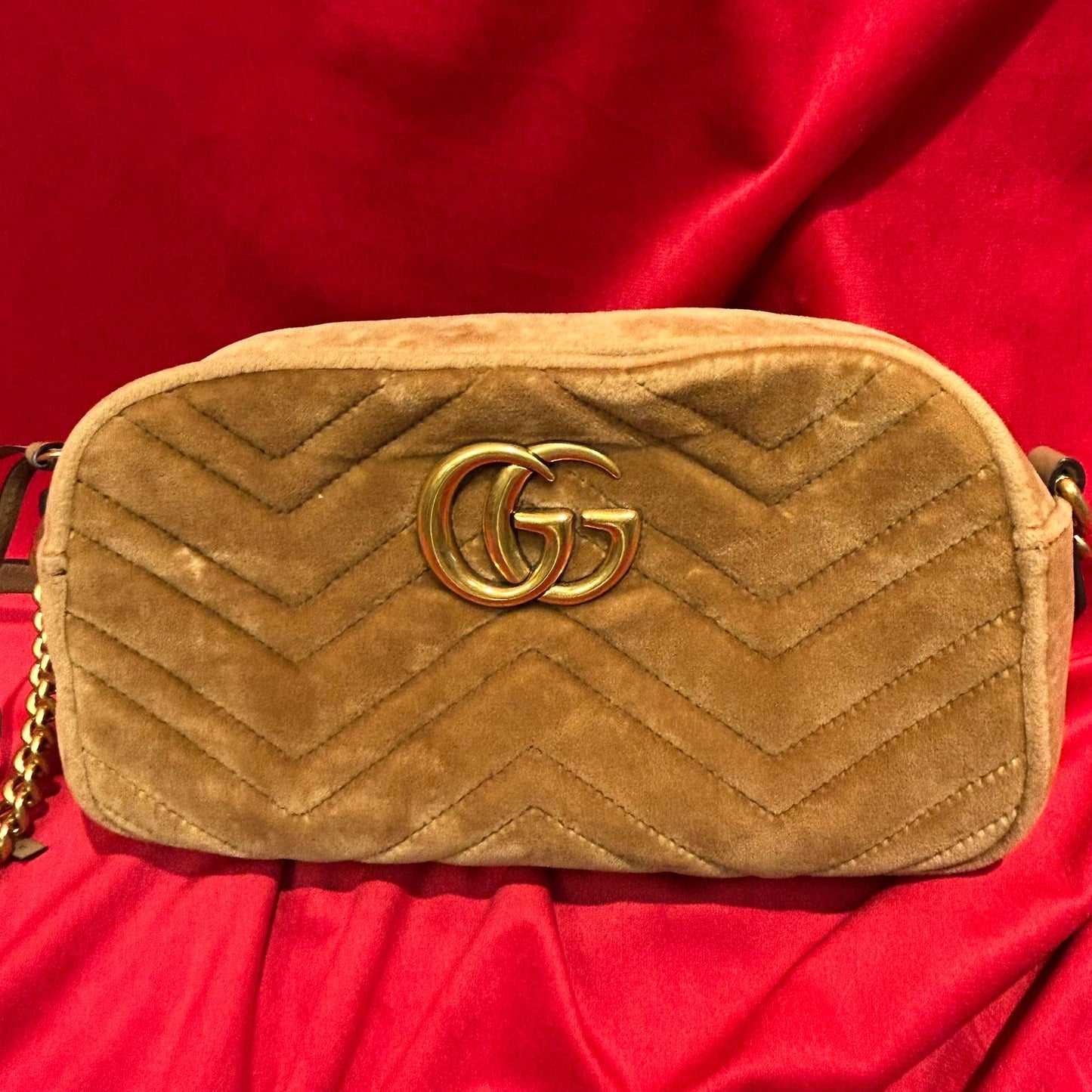Gucci GG Marmont Taupe Matelasse Velvet Shoulder Bag