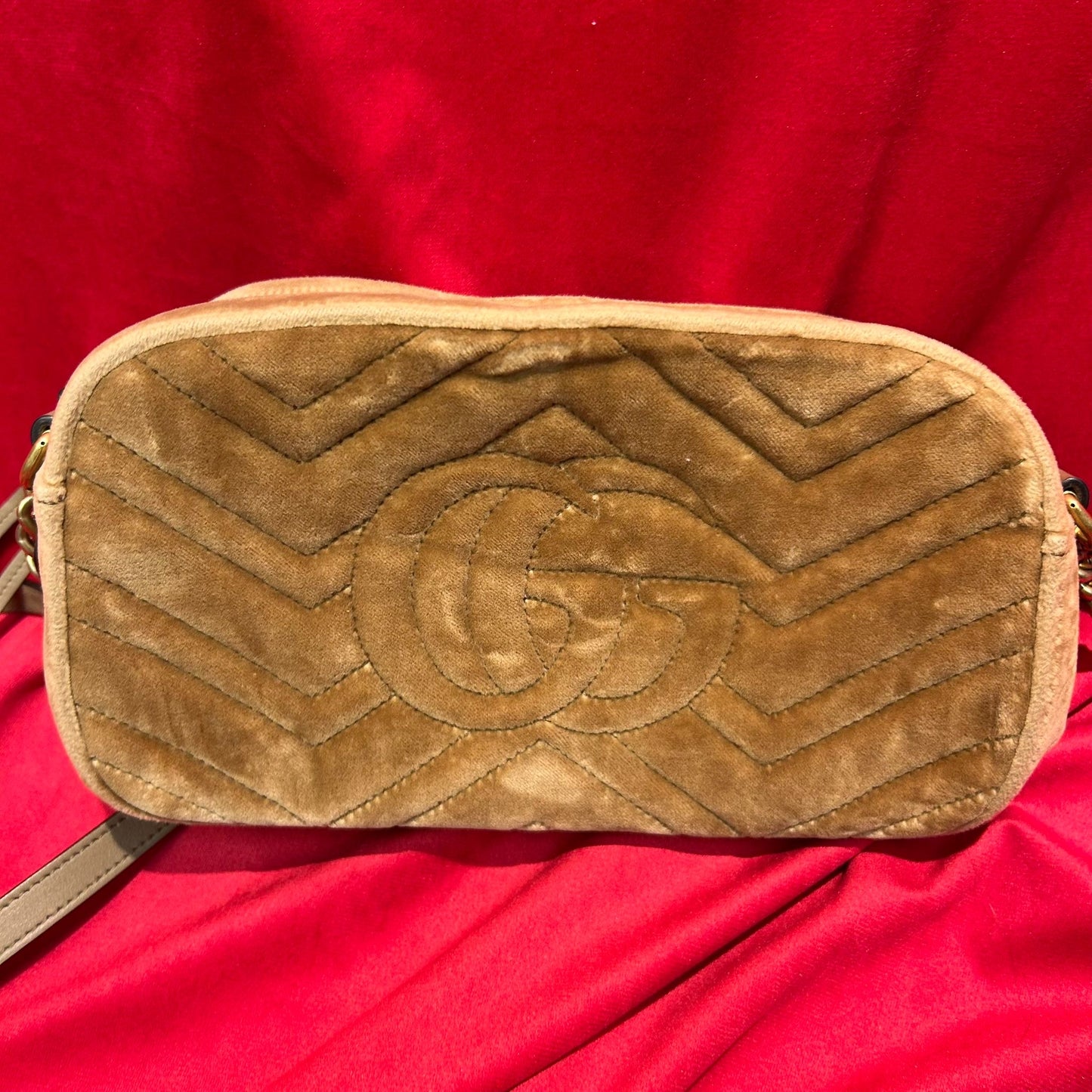 Gucci GG Marmont Taupe Matelasse Velvet Shoulder Bag