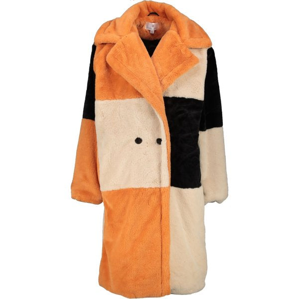 Forever Unique Orange Patchwork Faux Fur Coat - Size 8 - Preloved