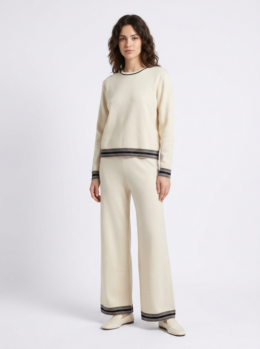 Cream Knit Co-ord with Navy Striped Border - New