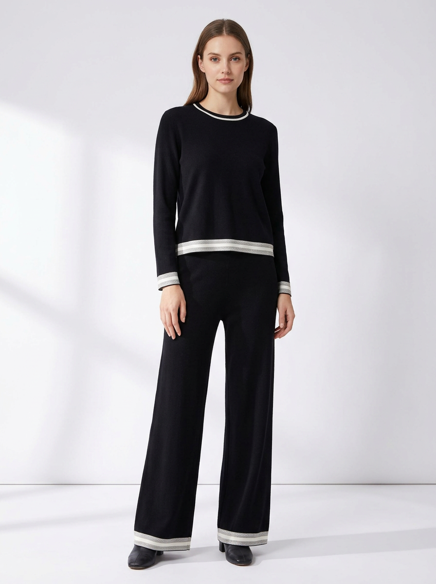 Black Knit Co-ord with White Striped Border - New
