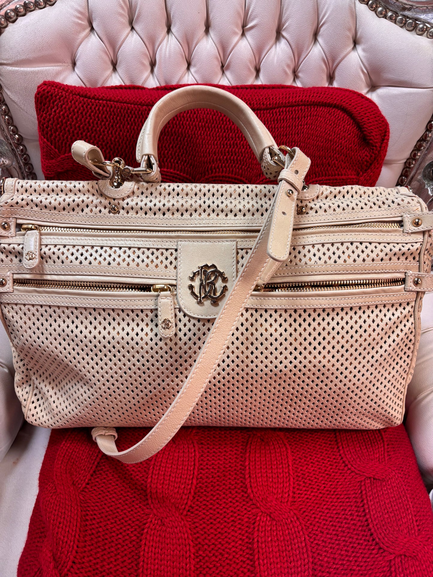 Roberto Cavalli Cream Grande Diva Perforated Leather Doctor Bag - Preloved
