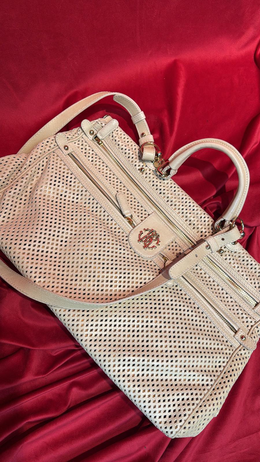 Roberto Cavalli Cream Grande Diva Perforated Leather Doctor Bag - Preloved