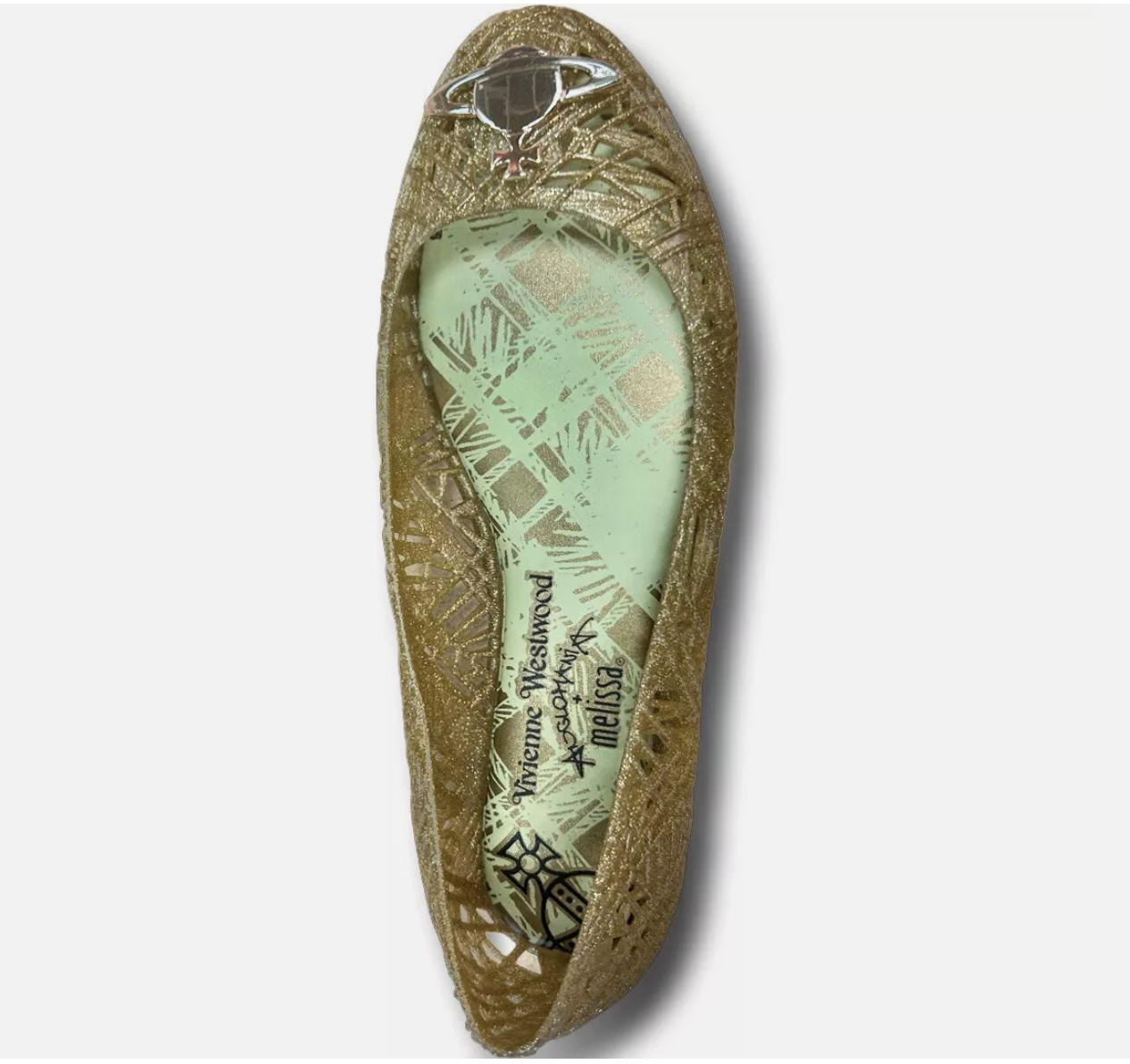 Melissa X Vivienne Westwood Scribble Gold Glitter Ballet Flat Shoe - Size 4 - New