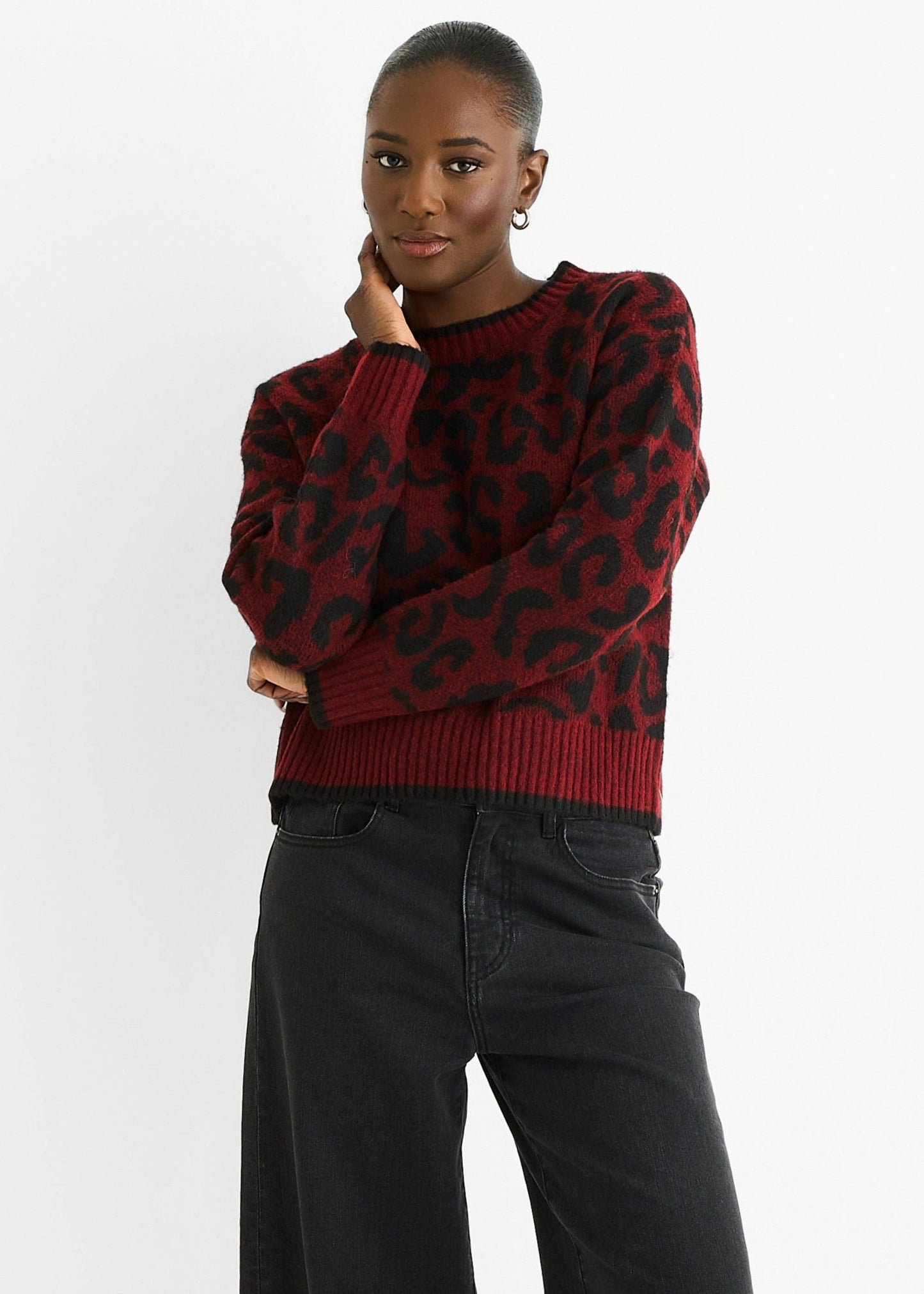 Burgundy Contrast Piping Animal Knit Jumper