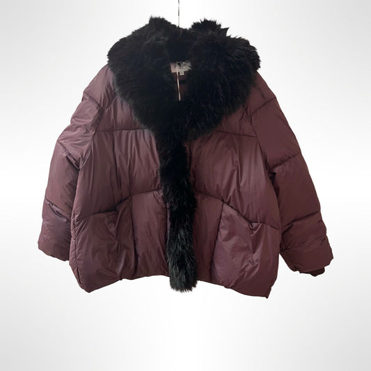 Burgundy Puffa  Faux Fur Collar Jacket - New