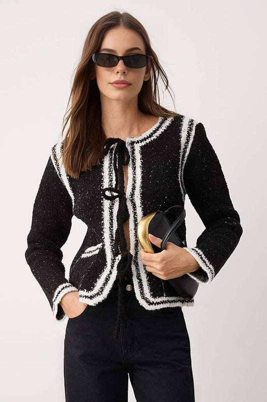 Color Block Glittery Knit Cardigan with Embroidered Detail - New