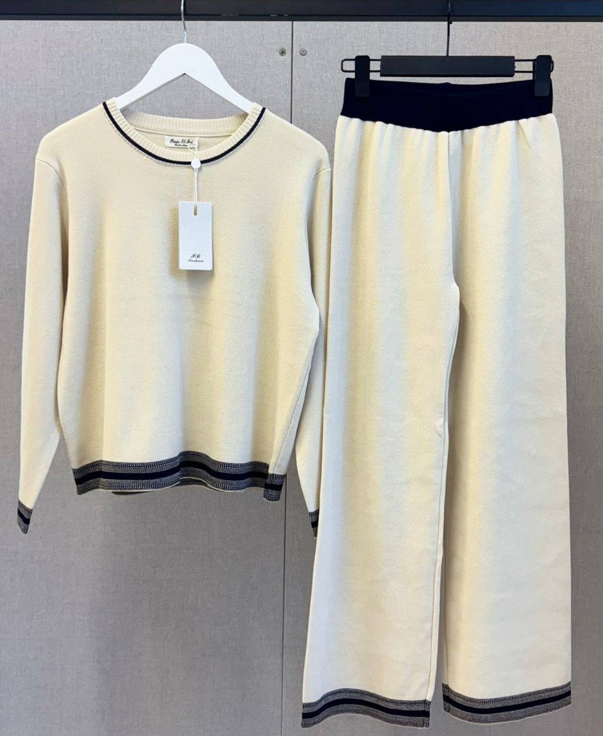 Cream Knit Co-ord with Navy Striped Border - New
