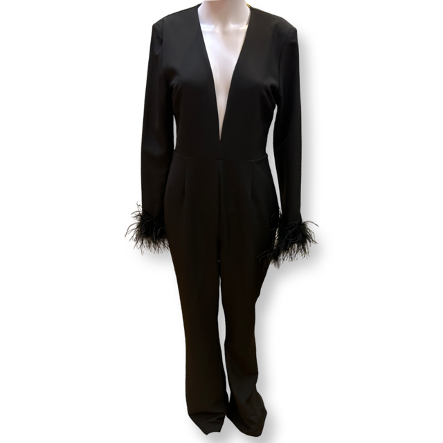 Club L London Black Plunge Neck Jumpsuit with Feather Cuffs - Size 12- New