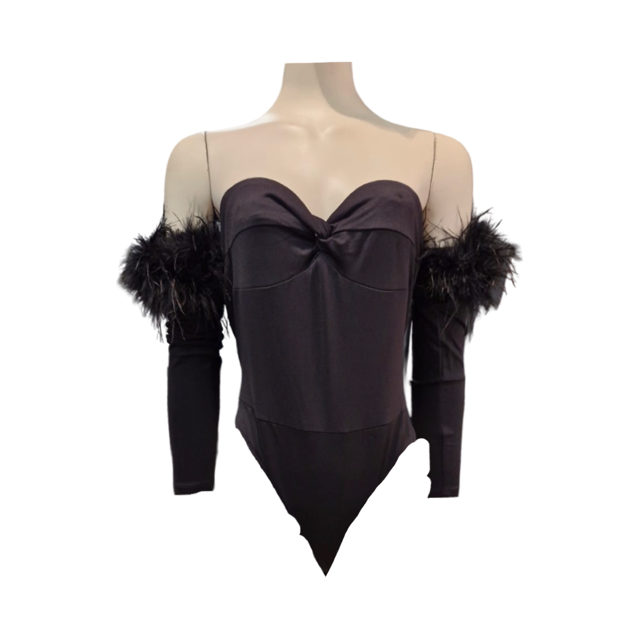 Club L London Black Fearless Bardot Bodysuit With Feather Detail - Size -12 - New