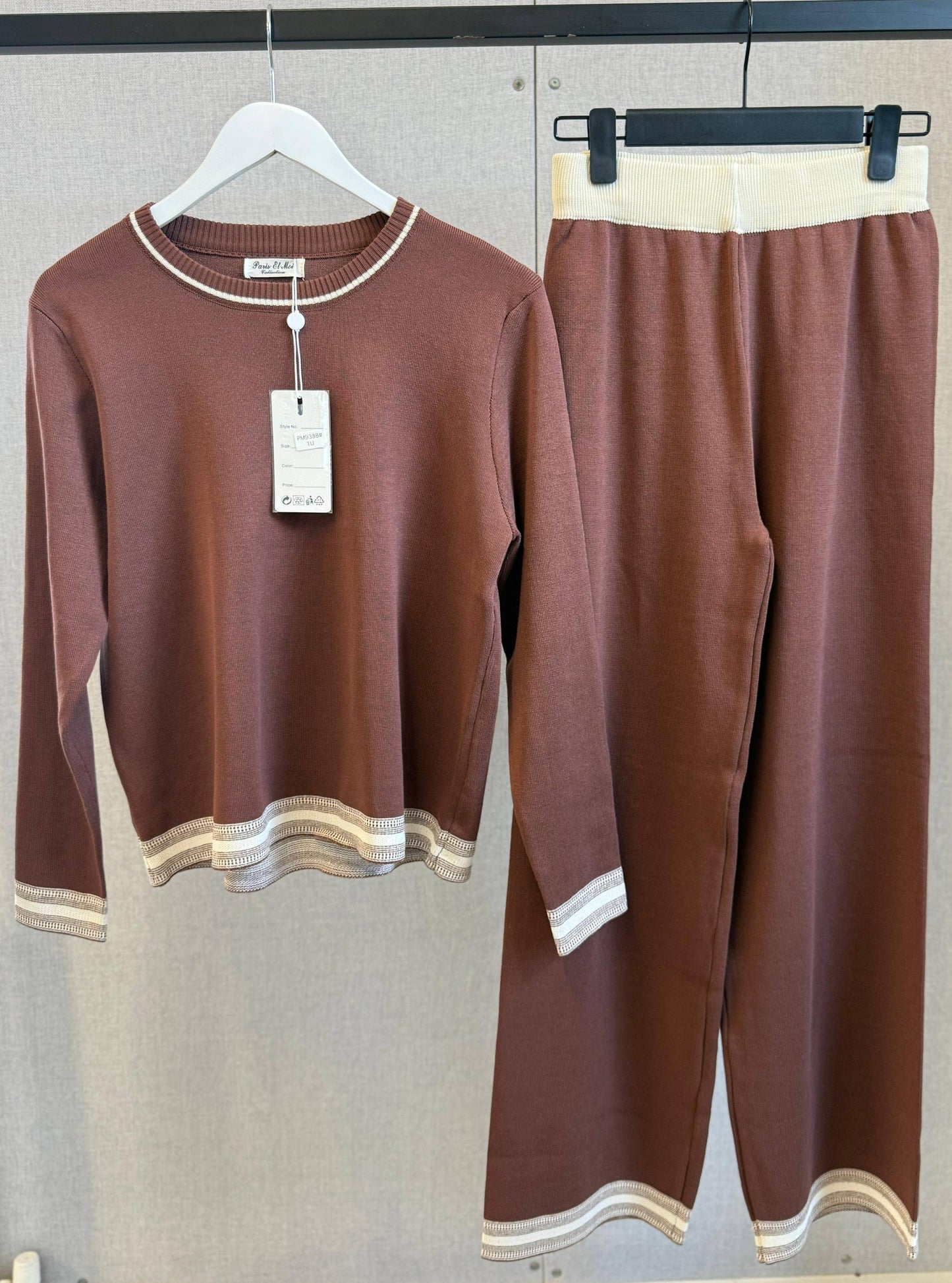 Brown Knit Co-ord with Cream Striped Border - New