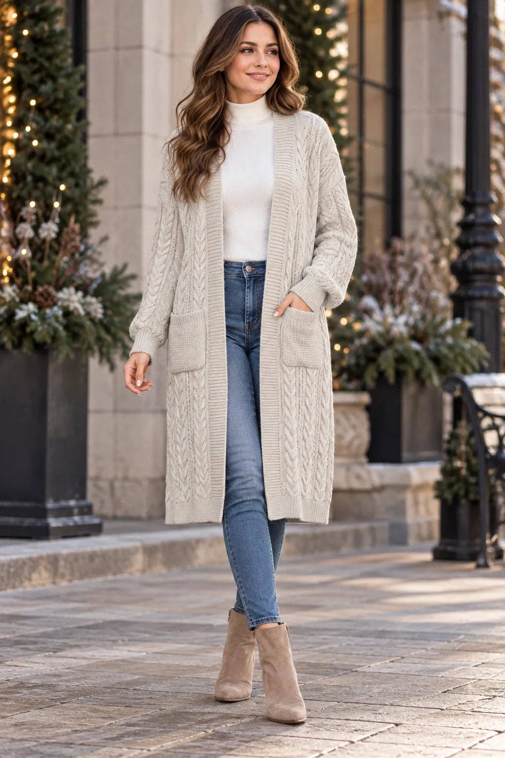 Womens Chunky Cable Knit Longline Cardigan with Pockets