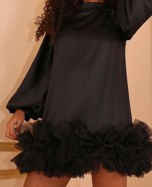 Forever Unique Black Smock Mini Tulle Hem Dress - Size -8 - Preloved