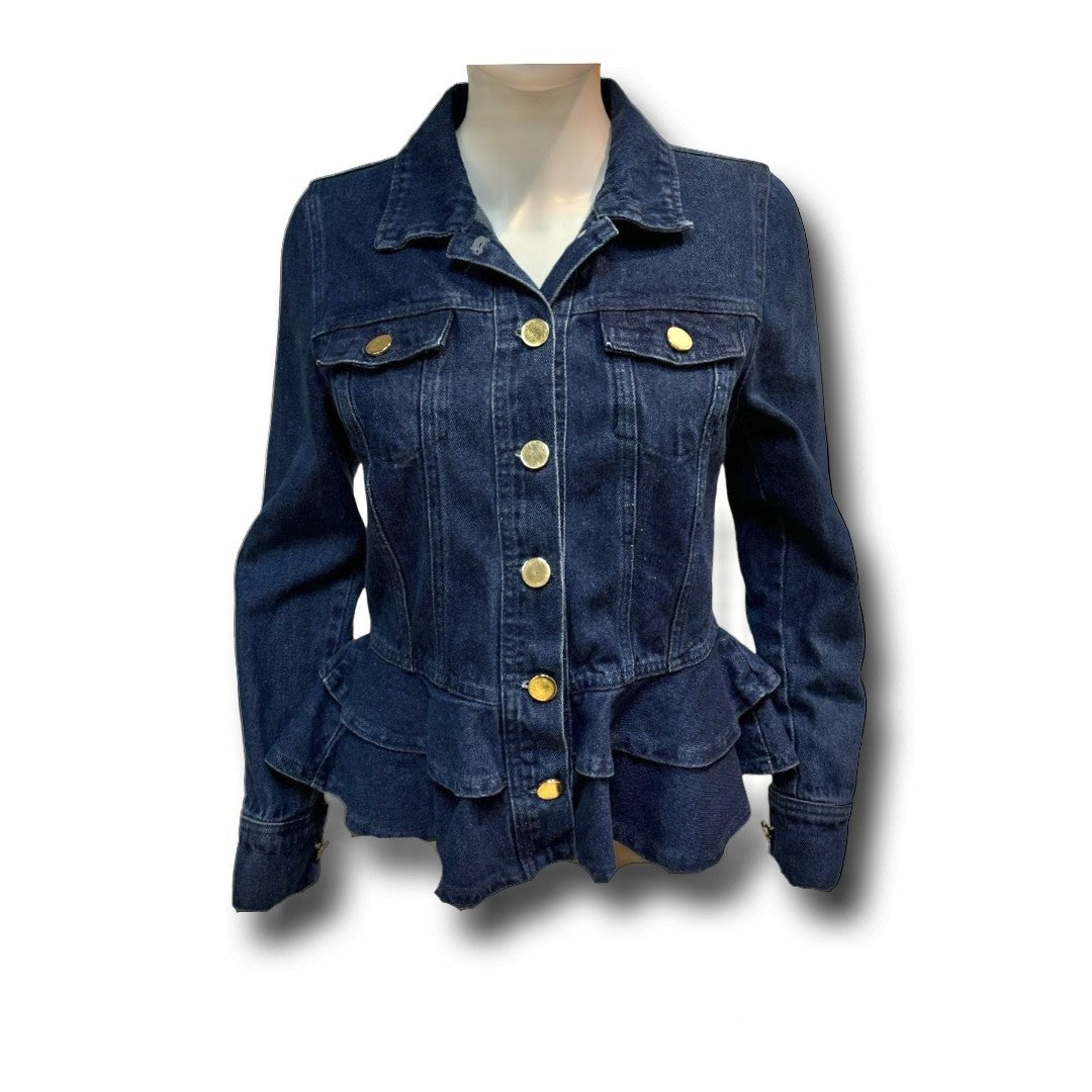 Forever Unique Frill Hem Blue Denim Jacket - Size - 8 - Preloved