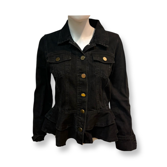 Forever Unique Frill Hem Denim Jacket Black - Size - 8 - Preloved