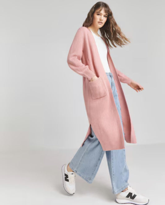 Simply Be Blush Longline Fisherman Rib Cardigan - Size - 32-34